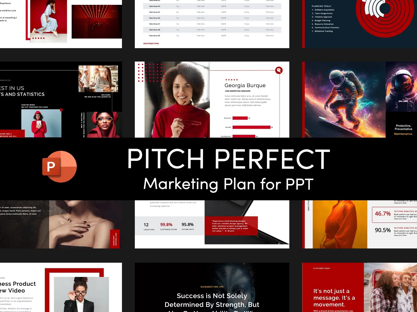 Thumbnail preview of Pitch Perfect Marketing Plan PowerPoint template – modern, professional slide deck for marketing strategy and business presentations.