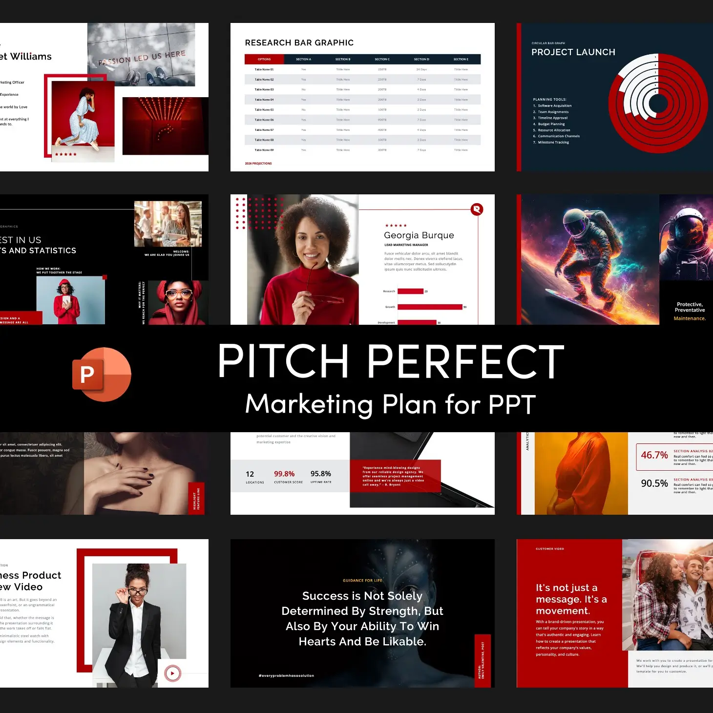 Thumbnail preview of Pitch Perfect Marketing Plan PowerPoint template – modern, professional slide deck for marketing strategy and business presentations.