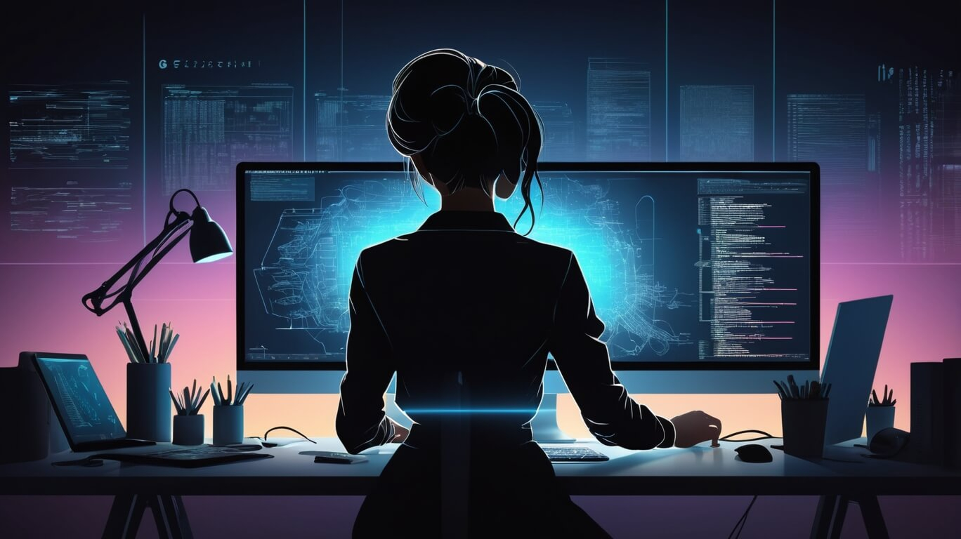 illustration of presentation graphic designer coder at desk