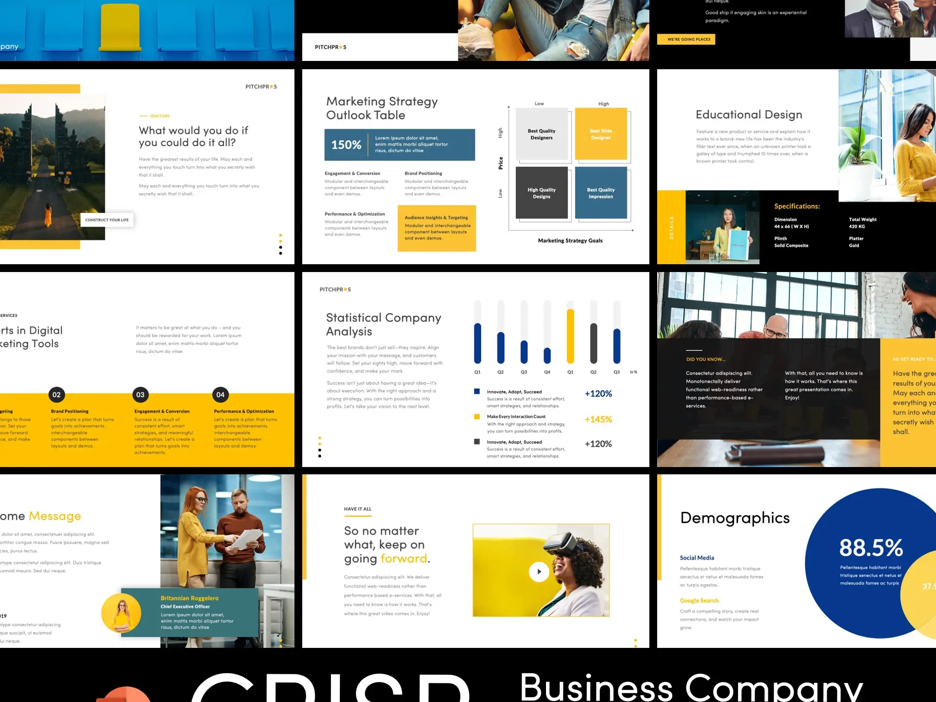 Editable PowerPoint business presentation template with charts, master layouts, and modern slide design.