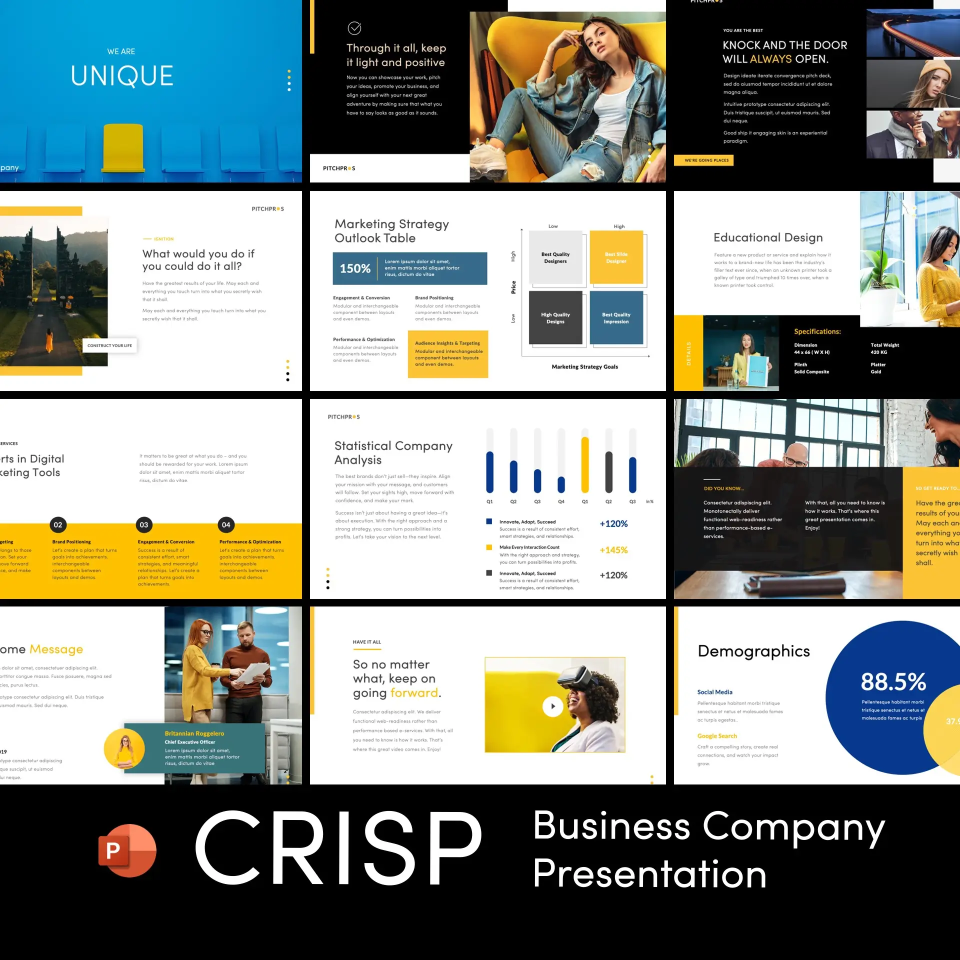 Editable PowerPoint business presentation template with charts, master layouts, and modern slide design.