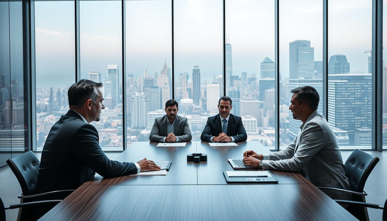 A boardroom table with a high-stakes business negotiation in progress. The participants sit across from each other, their faces focused and intent. The lighting is bright and professional, casting a sense of gravity and importance on the scene. The background is a sleek, modern office space with floor-to-ceiling windows overlooking a bustling city skyline. The color palette is clean and sophisticated, dominated by shades of gray, white, and polished wood tones. The overall atmosphere conveys the critical nature of the negotiation and the impact it will have on the participants' future. A boardroom table with a high-stakes business negotiation in progress. The participants sit across from each other, their faces focused and intent. The lighting is bright and professional, casting a sense of gravity and importance on the scene. The background is a sleek, modern office space with floor-to-ceiling windows overlooking a bustling city skyline. The color palette is clean and sophisticated, dominated by shades of gray, white, and polished wood tones. The overall atmosphere conveys the critical nature of the negotiation and the impact it will have on the participants' future.