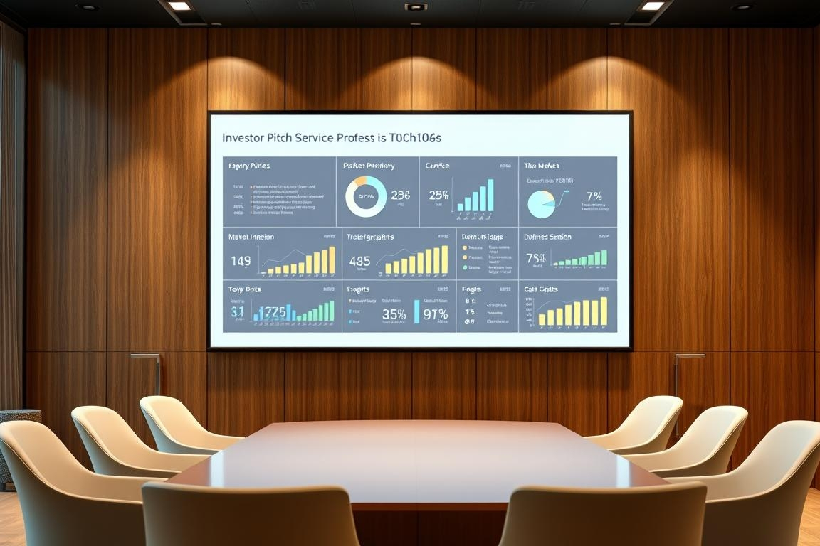 A professional, data-driven investor pitch presentation projected onto a sleek, minimalist conference room wall. The slides feature clean, vibrant infographics and visualizations that elegantly convey key business metrics and market insights. Soft, directional lighting illuminates the presentation, creating a bright, modern atmosphere. The pitch is framed by a sophisticated, wood-paneled interior with floor-to-ceiling windows overlooking a dynamic cityscape. The overall scene exudes an air of professionalism, authority, and data-driven decision making.