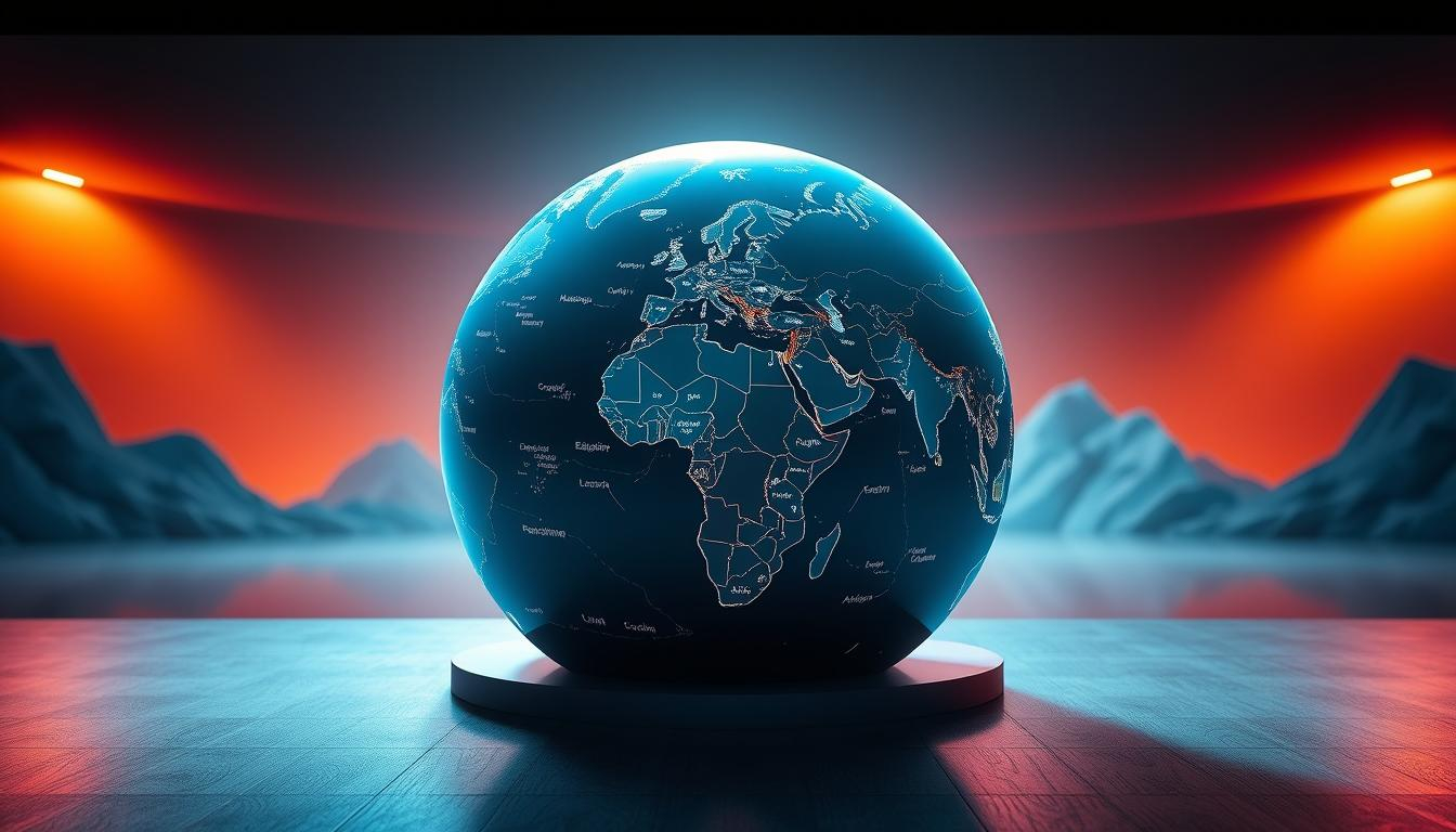A striking visualization of geopolitical trends, captured in an elegant, professional manner. In the foreground, intricate data visualizations depicting the ebb and flow of global economic and political forces, rendered in a vibrant color palette. The middle ground features a globe, its surface animated with shifting borders and alliances, casting a soft, ambient glow. In the background, a sleek, minimalist landscape sets the stage, bathed in warm, directional lighting that accentuates the clean, modern aesthetic. The overall composition conveys a sense of clarity and authority, perfectly suited to illustrate the "Analyzing Geopolitical and Economic Factors" section of the article.